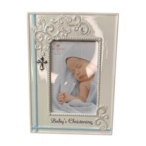 Demarco Nat & Jules Baby Boy Christening Picture Frame Ceramic With Cross Blue